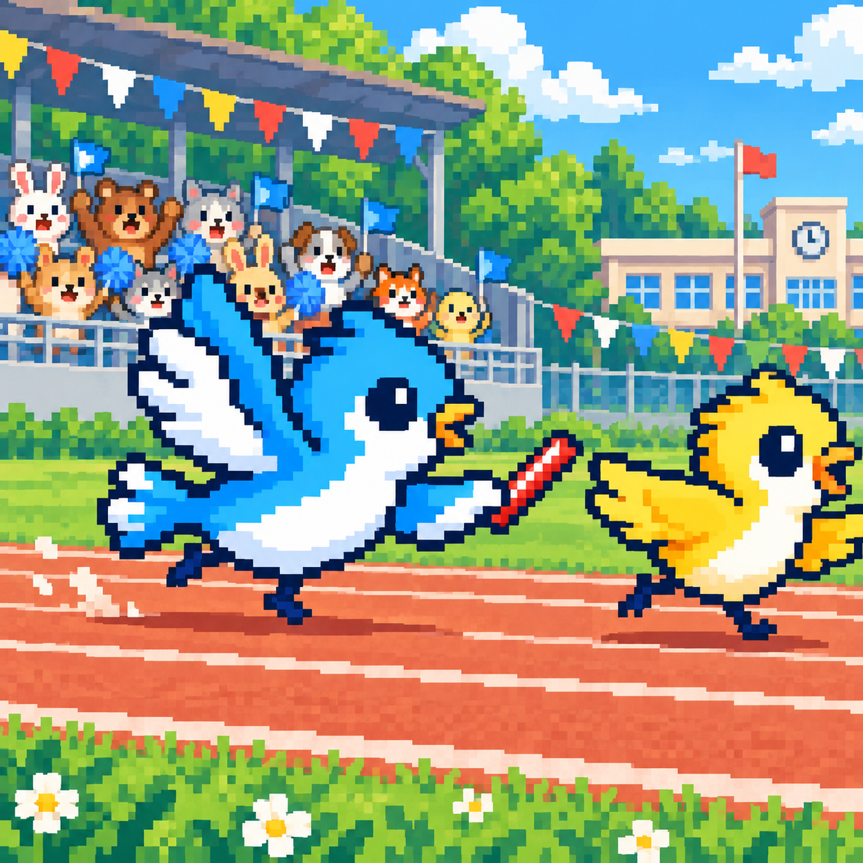Pixel-art XBIRD passing a relay baton to a yellow bird as animal friends cheer