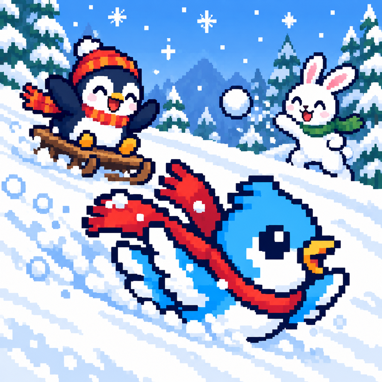 Pixel-art XBIRD playing in the snow with a sledding penguin and a rabbit