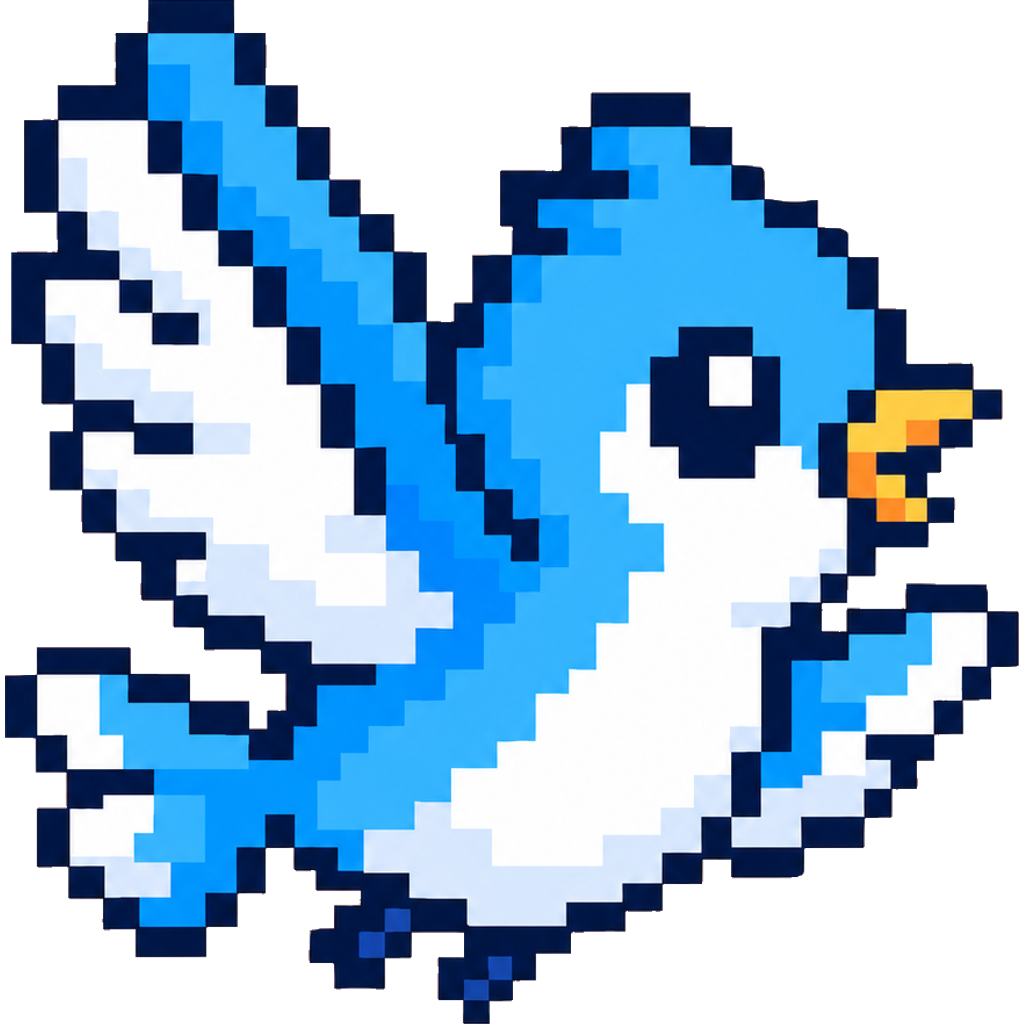 Blue pixel-art XBIRD flying with wings outstretched