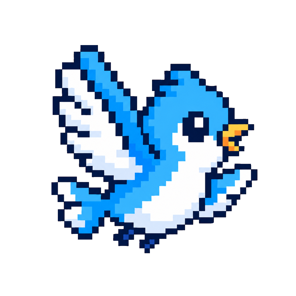 Blue pixel-art XBIRD with outstretched wings on a peach background